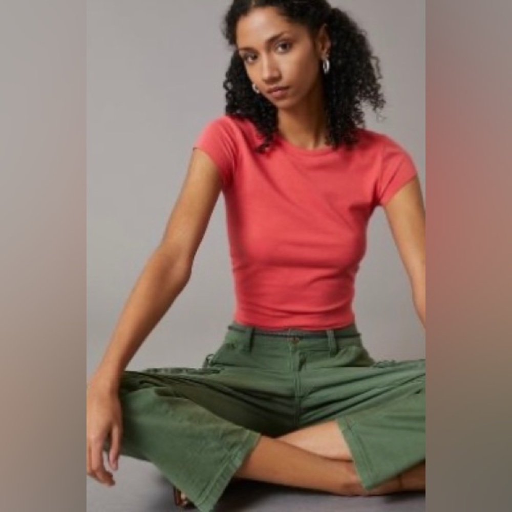 NWT By Anthropologie Rolled Raw-Edge Fitted Crop Tee